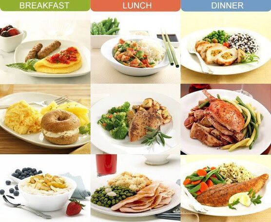 Refeições dietéticas no café da manhã, almoço e jantar para pancreatite